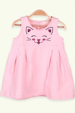 Kız Çocuk Elbise Askılı Pileli Kedi Nakışlı Pudra Soft Giyim (1.5-5 Yaş)